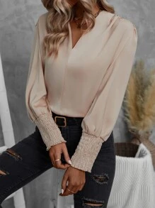 SHEIN Clasi Puff Sleeve Ruched Blouse - Apricot - View 6