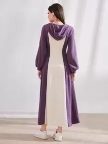 Mulvari Letter Graphic Drop Shoulder Drawstring Hoodie Dress - Purple - View 5