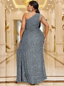 YISIKADO Vestido de vestir de un hombro fruncido con fruncido lateral de muslo con abertura con lentejuelas - Plateado - Ver 2