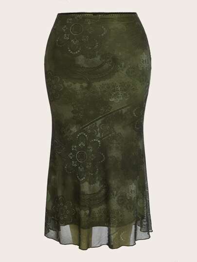 ROMWE PUNK 加大花卉印花美人鱼下摆网眼裙，夏季