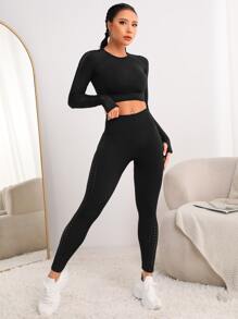 High Stretch Thumb Holes Crop Sports Tee With Leggings - Black - View 4