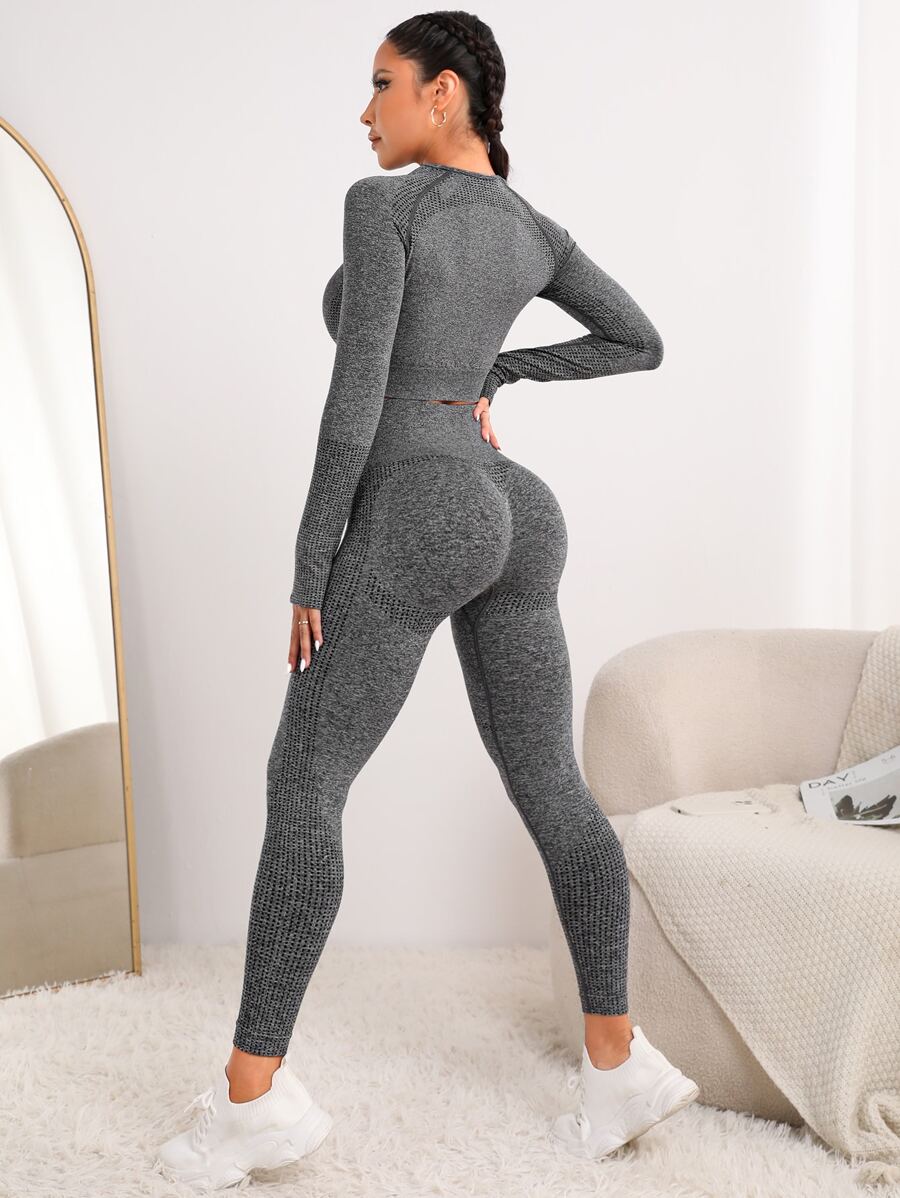 2pcs Seamless High Stretch Yoga Set Sports Suit Thumbholes Top-stitching Raglan Sleeve Tee Tummy Control Leggings - Dark Grey - View 1