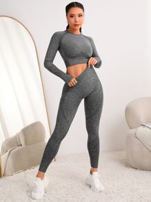 2pcs Seamless High Stretch Yoga Set Sports Suit Thumbholes Top-stitching Raglan Sleeve Tee Tummy Control Leggings - Dark Grey - View 3