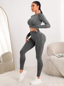 2pcs Seamless High Stretch Yoga Set Sports Suit Thumbholes Top-stitching Raglan Sleeve Tee Tummy Control Leggings - Dark Grey - View 5