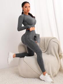 2pcs Seamless High Stretch Yoga Set Sports Suit Thumbholes Top-stitching Raglan Sleeve Tee Tummy Control Leggings - Dark Grey - View 6