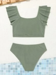 Conjunto de bikini con ribete de volantes para niña preadolescente, playa de verano - verde menta - Ver 2