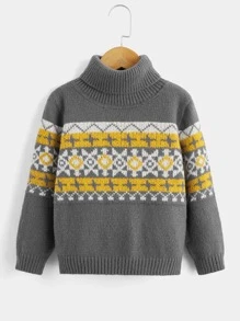 Toddler Girls Geo Pattern Turtleneck Jumper - Grey - View 1