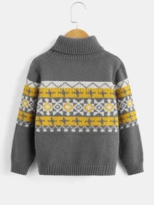 Toddler Girls Geo Pattern Turtleneck Jumper - Grey - View 2