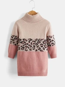 Toddler Girls Leopard Pattern Colourblock Turtle Neck Jumper Dress - Multicolor - View 1
