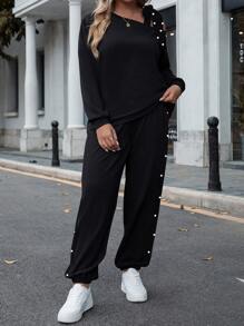 SHEIN LUNE 大碼不對稱領珍珠串珠衛衣和衛褲 - 黑色 - 查看 1