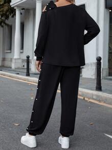 SHEIN LUNE 大碼不對稱領珍珠串珠衛衣和衛褲 - 黑色 - 查看 2