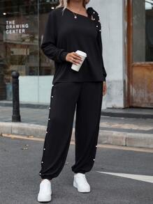 SHEIN LUNE 大碼不對稱領珍珠串珠衛衣和衛褲 - 黑色 - 查看 3