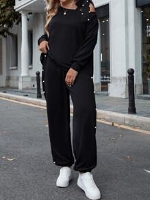 SHEIN LUNE 大碼不對稱領珍珠串珠衛衣和衛褲 - 黑色 - 查看 4