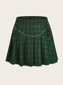 ROMWE Grunge Punk Plus Tartan Grommet Chain Pleated Skirt - Green - View 1