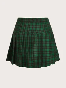 ROMWE Grunge Punk Plus Tartan Grommet Chain Pleated Skirt - Green - View 2
