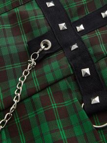 ROMWE Grunge Punk Plus Tartan Grommet Chain Pleated Skirt - Green - View 4