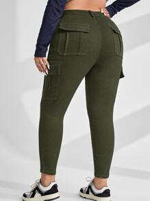 SHEIN EZwear Plus Flap Pocket Side Cargo Jeans - Army Green - View 2