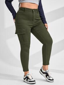 SHEIN EZwear Plus Flap Pocket Side Cargo Jeans - Army Green - View 3