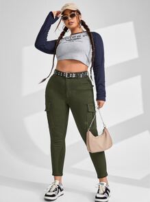 SHEIN EZwear Plus Flap Pocket Side Cargo Jeans - Army Green - View 4
