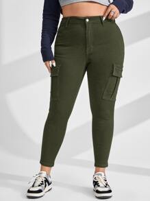 SHEIN EZwear Plus Flap Pocket Side Cargo Jeans - Army Green - View 5
