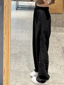 纯色弹力腰阔腿裤，休闲黑色春季款 - 黑色 - 查看 5