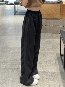 纯色弹力腰阔腿裤，休闲黑色春季款 - 黑色 - 查看 6