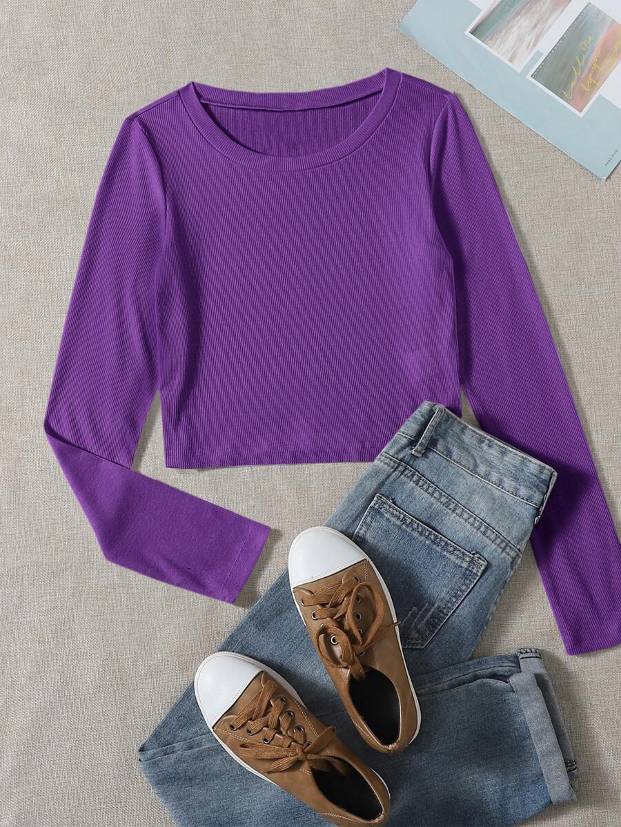 SHEIN EZwear Camiseta unicolor corto tejido de canalé - Morado Violeta - Ver 1