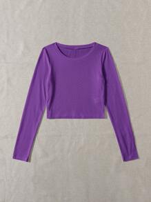 SHEIN EZwear Camiseta unicolor corto tejido de canalé - Morado Violeta - Ver 3