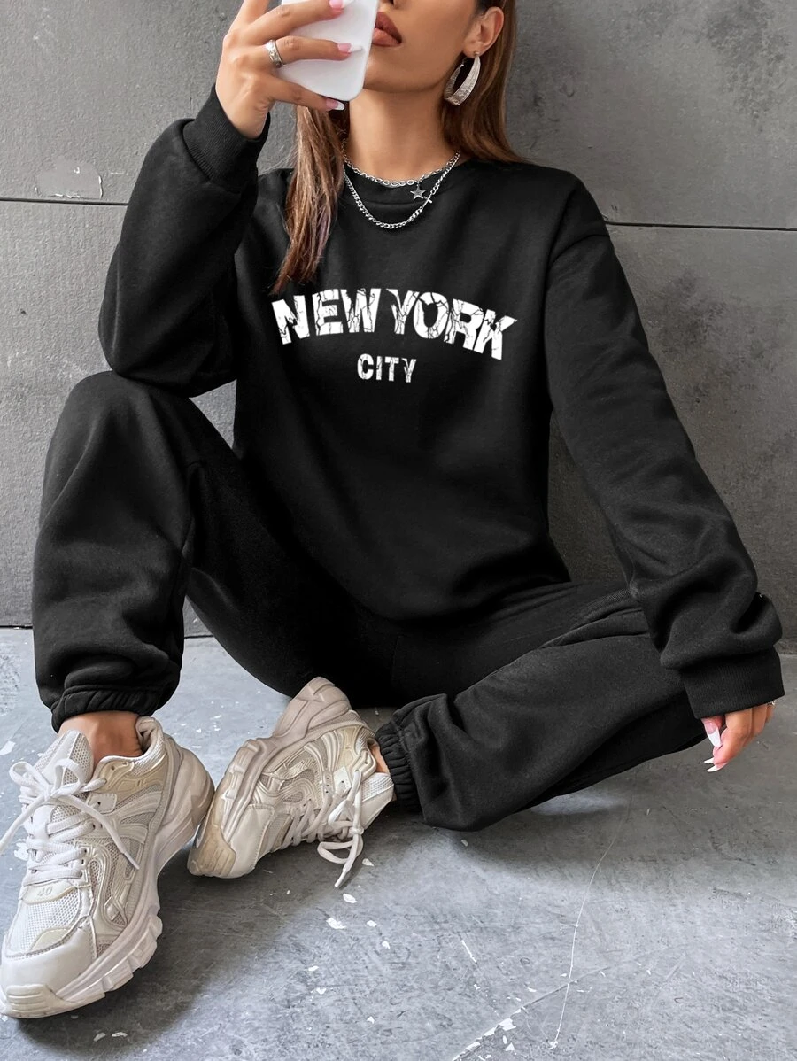 SHEIN EZwear Letter Graphic Drop Shoulder Pullover & Joggers - Black - View 1