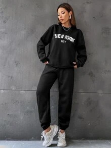 SHEIN EZwear Letter Graphic Drop Shoulder Pullover & Joggers - Black - View 4