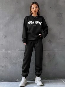 SHEIN EZwear Letter Graphic Drop Shoulder Pullover & Joggers - Black - View 5