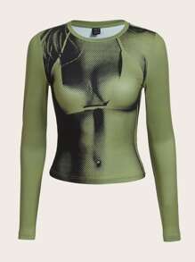 3D Body Print Crop Spring Tee - Army Green - View 1