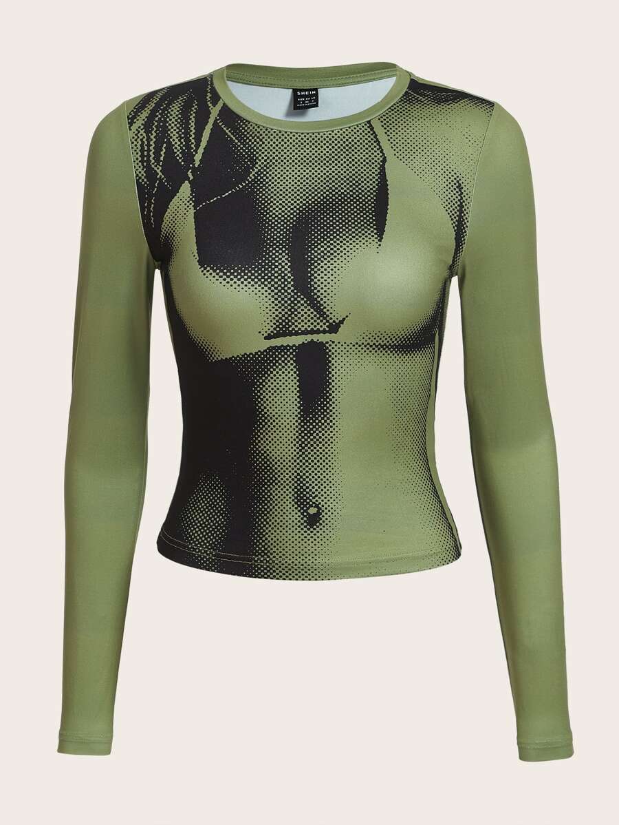 3D Body Print Crop Spring Tee - Army Green - View 1
