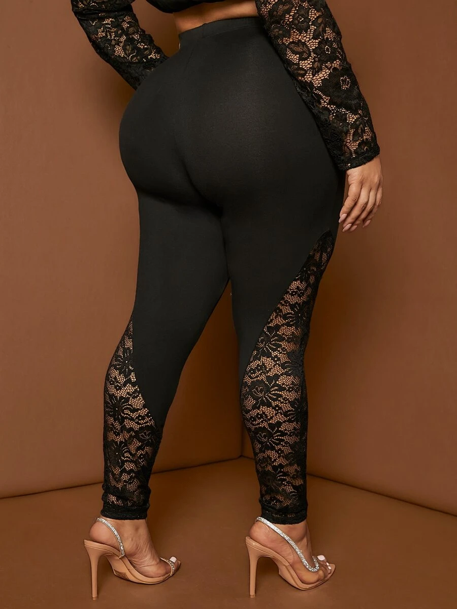 SHEIN SXY 大碼蕾絲拼接緊身打底褲 - 黑色 - 查看 1