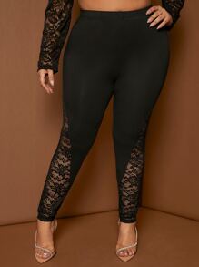 SHEIN SXY 大碼蕾絲拼接緊身打底褲 - 黑色 - 查看 3