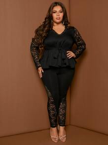 SHEIN SXY 大碼蕾絲拼接緊身打底褲 - 黑色 - 查看 4