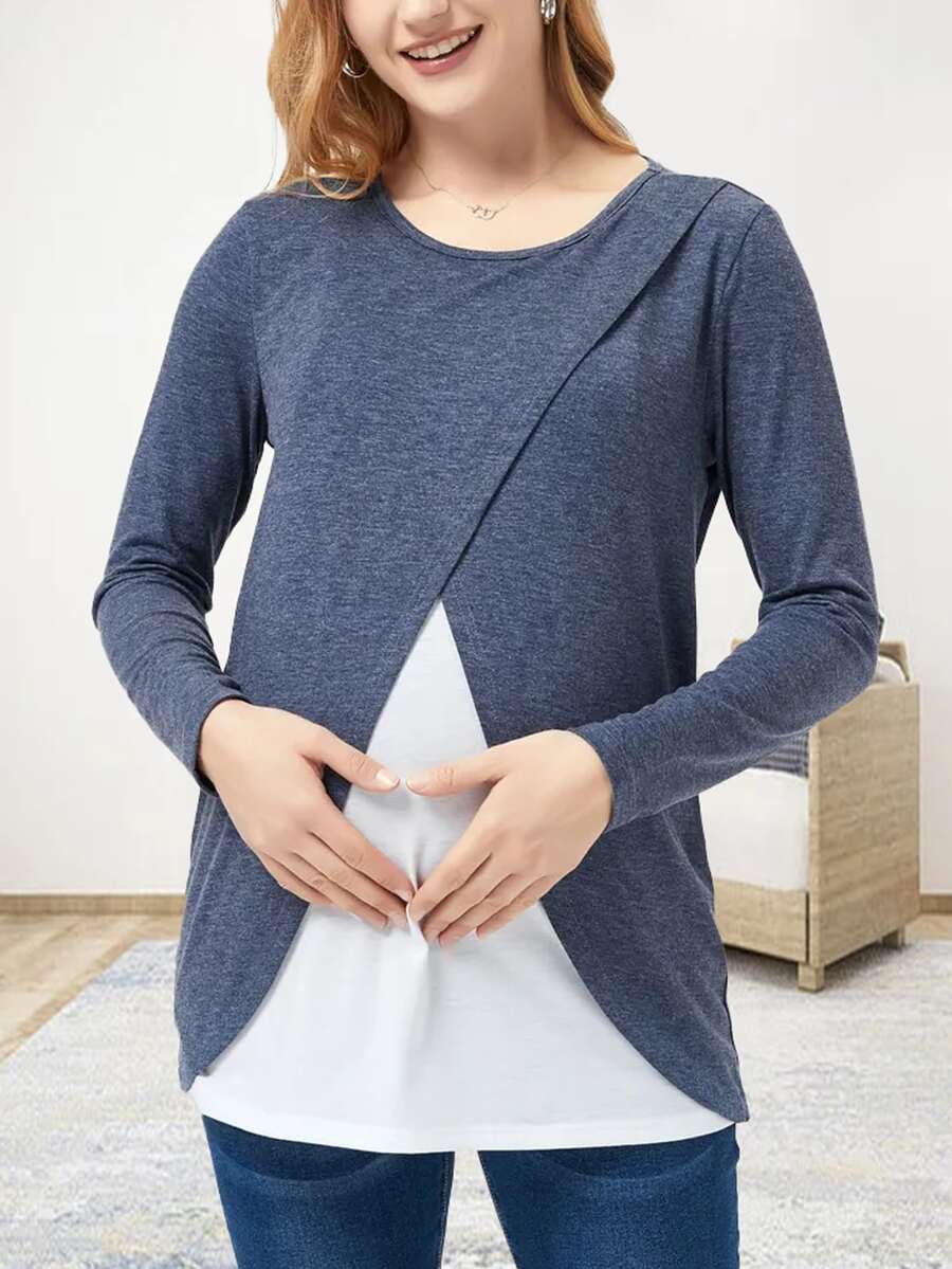 Maternity Two Tone Wrap Nursing Tee - Blue - View 1