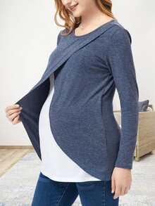 Maternity Two Tone Wrap Nursing Tee - Blue - View 3