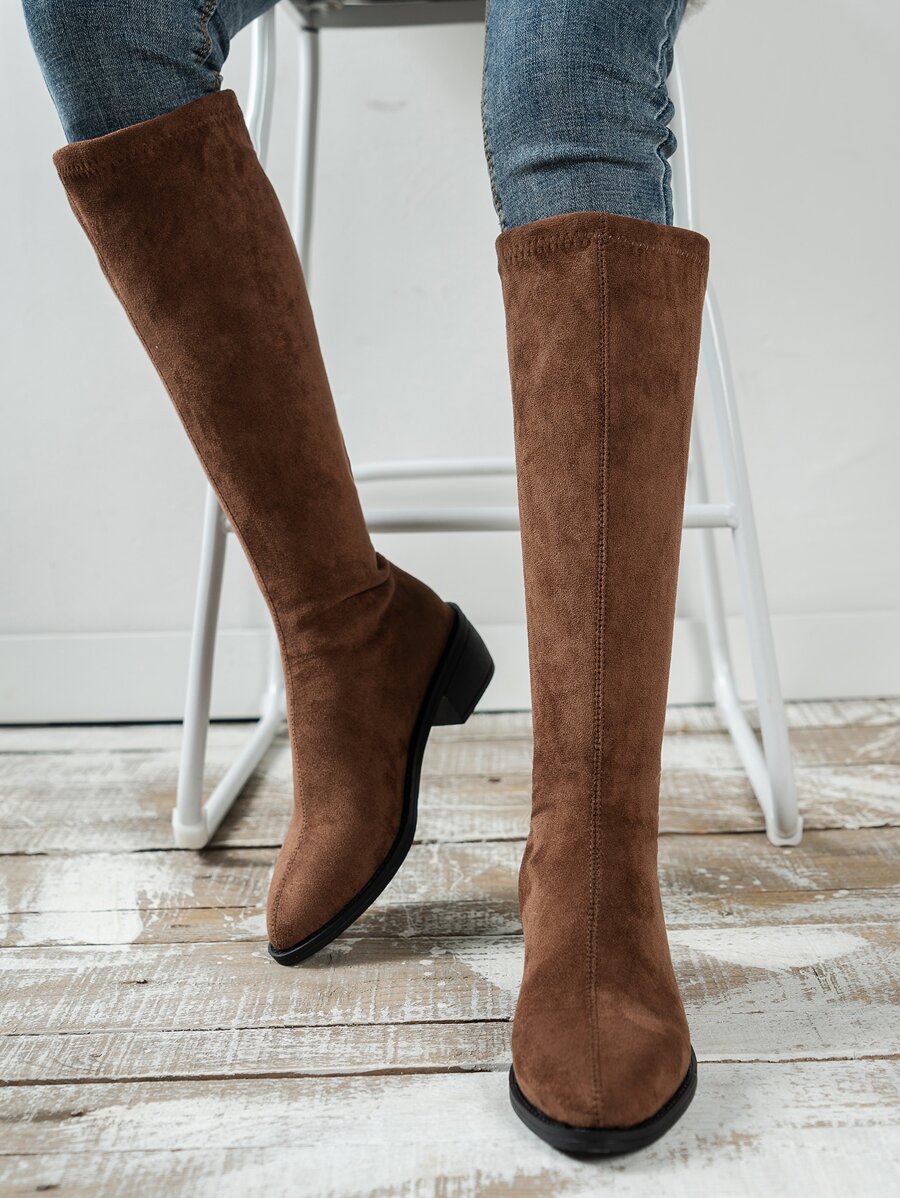 Point Toe Faux Suede Sock Boots - Brown - View 1
