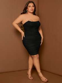 SHEIN SXY Plus Ruched Mesh Tube Bodycon Dress - Black - View 3
