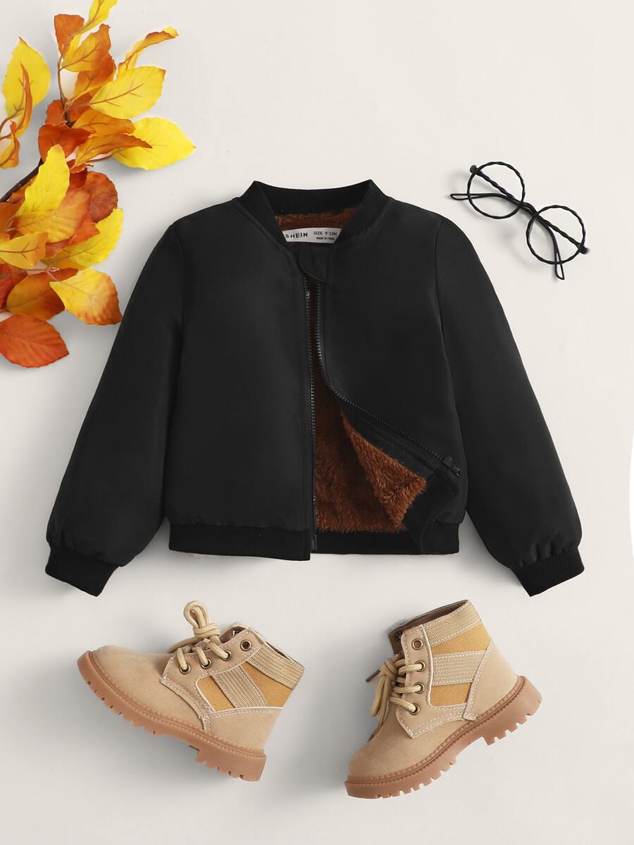 SHEIN Baby Teddy Lined Zip Up Bomber Jacket - Black - View 1