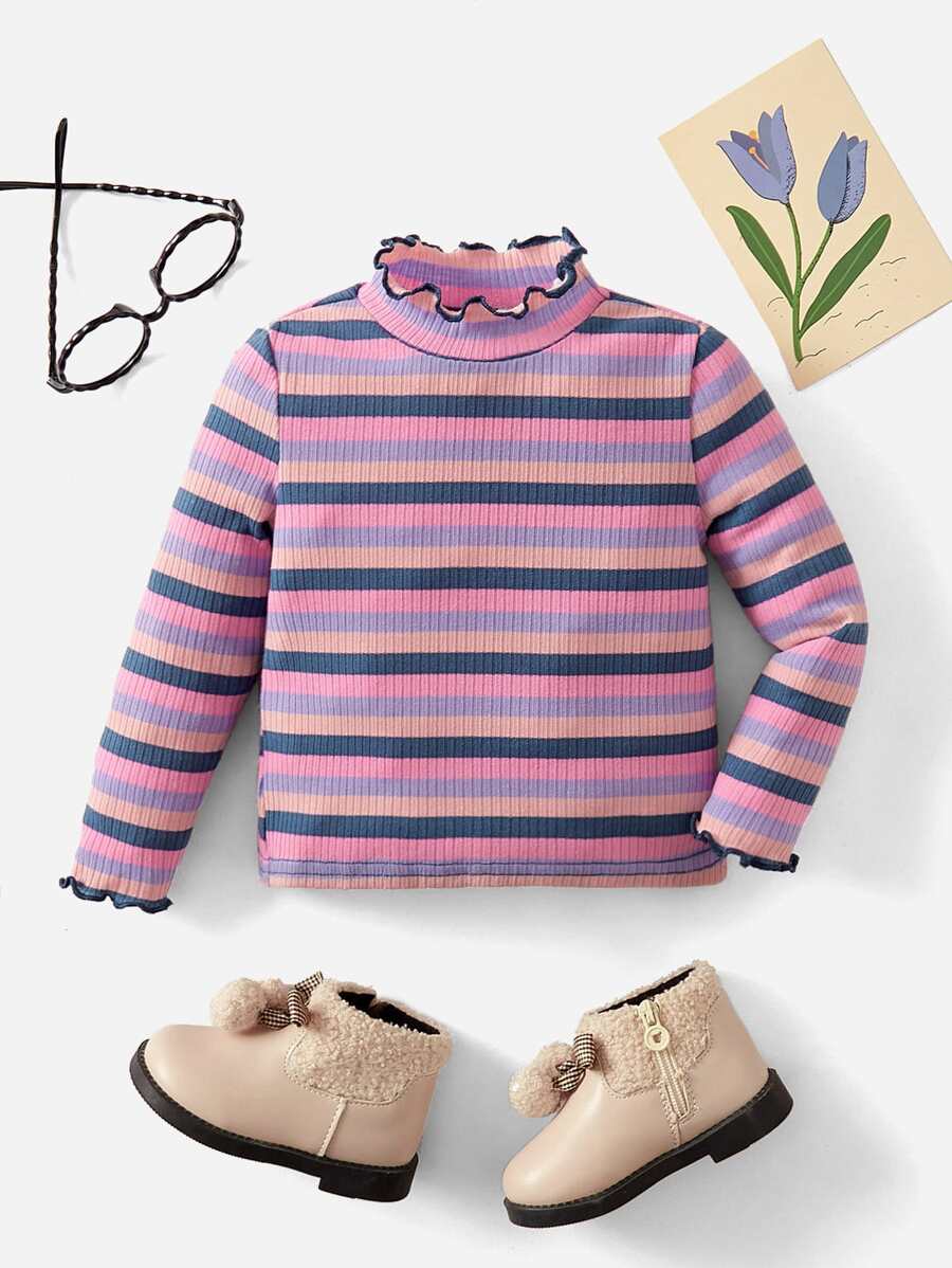 SHEIN Baby Rainbow Striped Lettuce Trim Mock Neck Tee - Multicolor - View 1