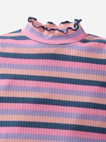 SHEIN Baby Rainbow Striped Lettuce Trim Mock Neck Tee - Multicolor - View 3