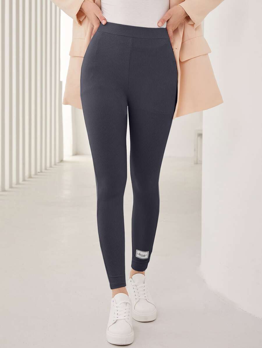 Seusyu Patched Detail Ribbed Knit Leggings Fall Cloth For Women