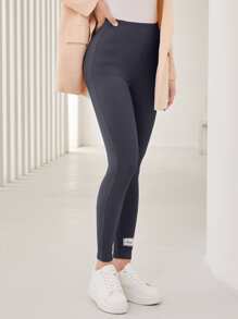 Seusyu Patched Detail Ribbed Knit Leggings Fall Cloth For Women