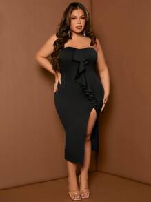 SHEIN SXY Plus Ruffle Trim Split Thigh Tube Dress - Black - View 4