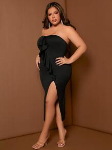SHEIN SXY Plus Ruffle Trim Split Thigh Tube Dress - Black - View 5