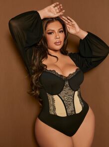 SHEIN SXY 大碼蕾絲拼接燈籠袖連身背心 - 黑色 - 查看 1