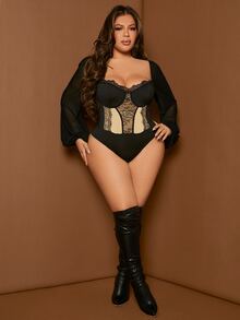 SHEIN SXY 大碼蕾絲拼接燈籠袖連身背心 - 黑色 - 查看 5