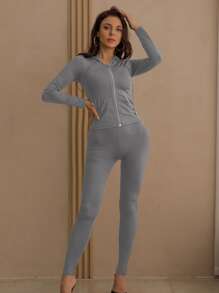 Drawstring Kangaroo Pocket Zipper Up Placket Hooded Sweatshirt & Leggings - Grey - View 5